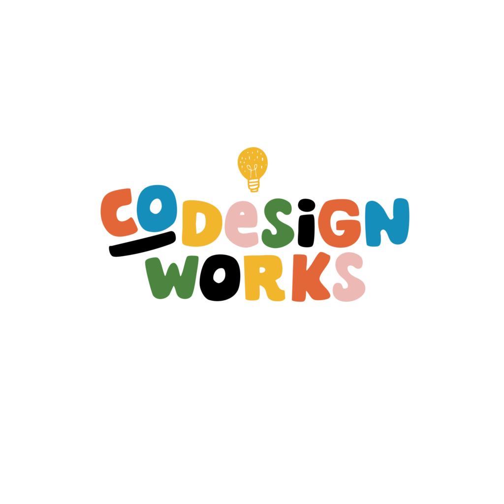 colorful codesign works logo with alternating pastel letters and a lightbulb