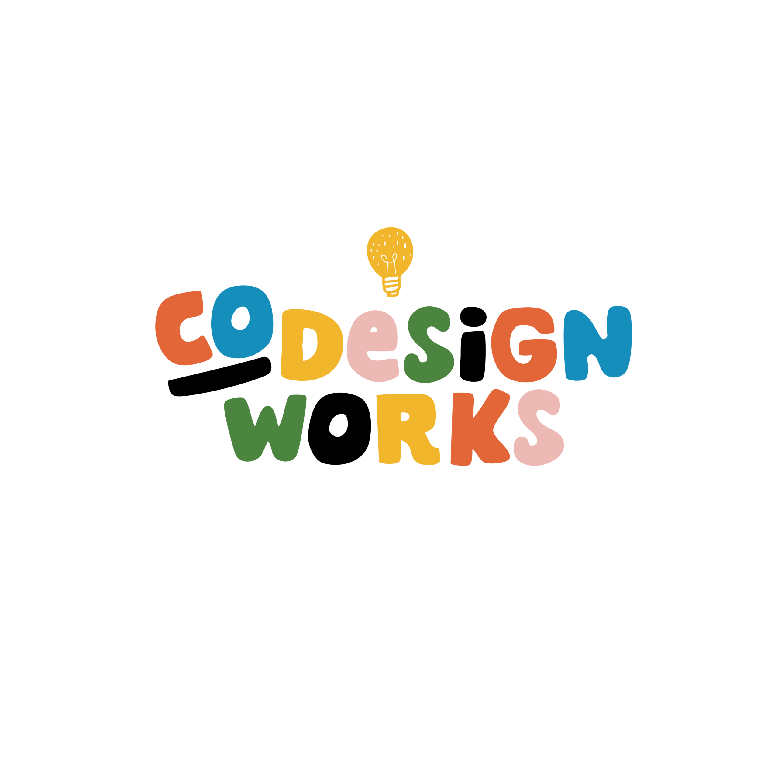 colorful codesign works logo with alternating pastel letters and a lightbulb