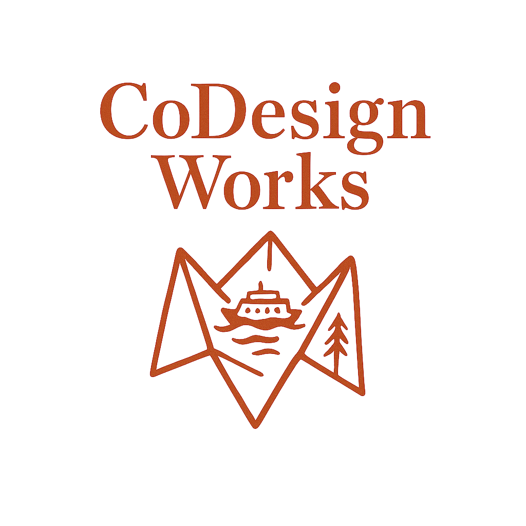 CoDesign Works logo of an origami fortuneteller holding a small ferry boat